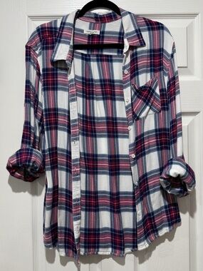 Long-Sleeve Plaid Shirt - White, Navy & Pink